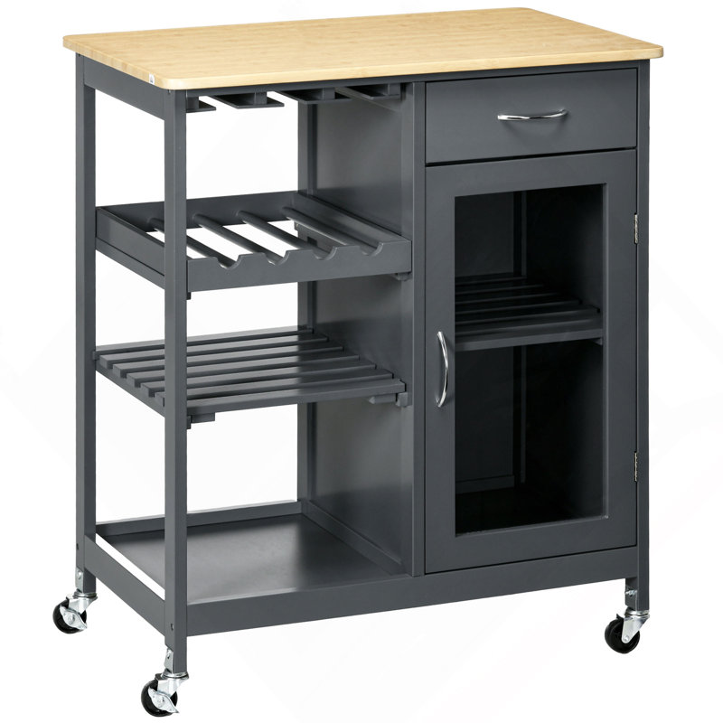 Rolling Kitchen Cart with 4-bottle Wine Rack, Gray/Natural