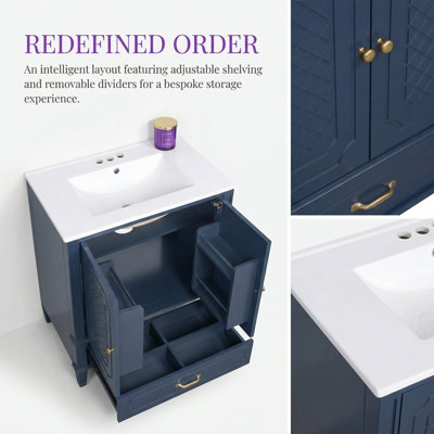 Meuble-lavabo 60 po avec lavabo double, 2 armoires et tiroirs, rangement spacieux