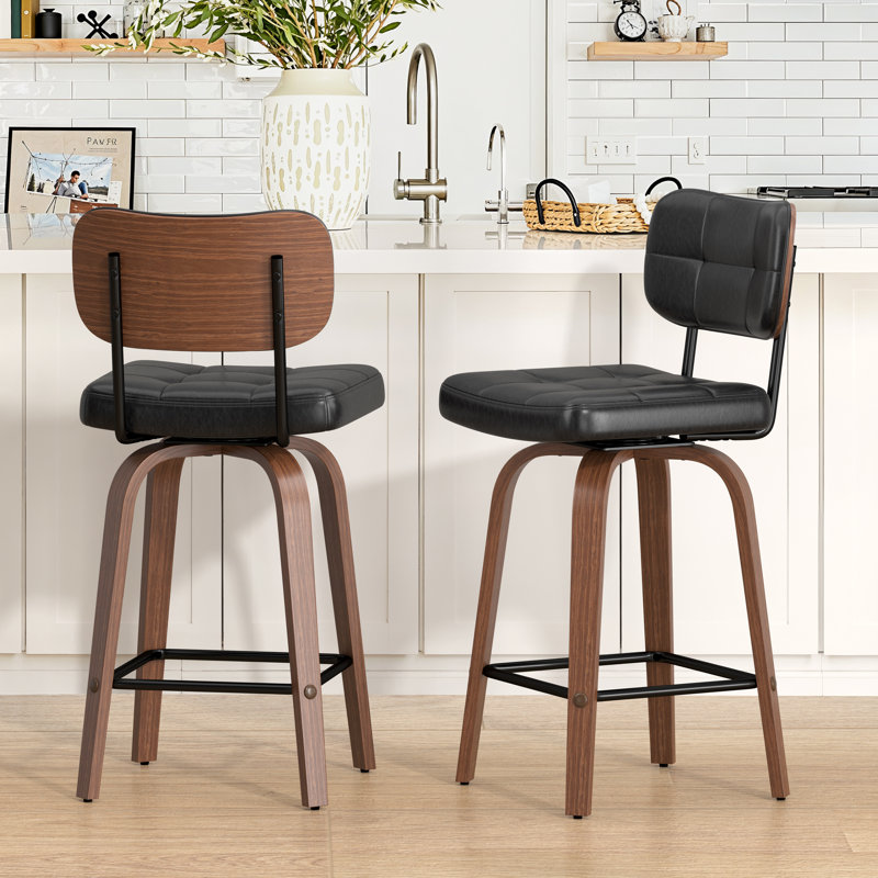 26" Counter Height Swivel Bar Stools,Pu Leather & Bentwood Back Bar Stools For Kitchen(Set of 2), Black, 2
