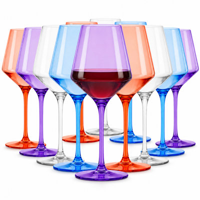 Lot de 12 verres à vin en plastique, 460 ml (15,5 oz), incassables, à pied, 4 couleurs assorties : violet clair, transparent, bleu clair et rose clair. Verres réutilisables pour les fêtes, les mariages et les activités de plein air.