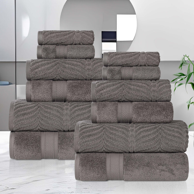 Ensemble de serviettes de bain en coton uni et jacquard pur à chevrons 12 pièces Purdey, Gris anthracite