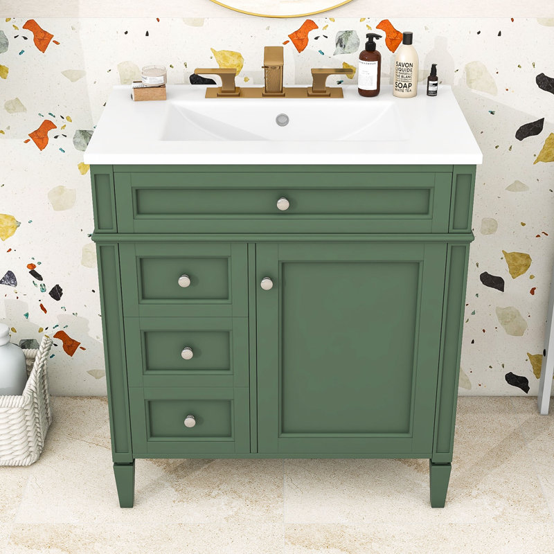 Contemporary Freestanding Single Bathroom Vanity Cabinet with Ceramic Sink and Ample Storage, Green