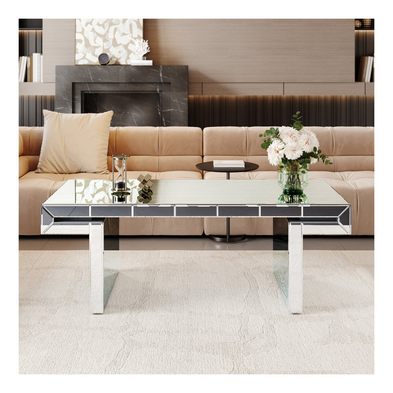 47 Inches Luxury Rectangular Mirror Coffee Table With Fluted Tempered Glass, Modern Sofa Side Table, Easy 2-Step Assembly, Light Luxury Style, Reinforced Packaging