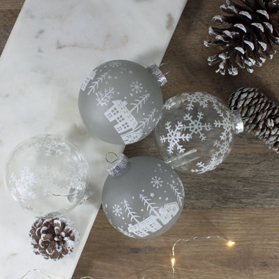 Boules de Noël suspendues en verre transparent et gris 4 carats de 3,25 pouces (80 mm)