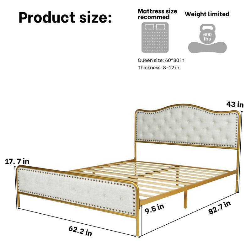 Structure de lit plateforme Heikkila avec tête de lit capitonnée robuste, aucun sommier tapissier requis, Grand, Beige