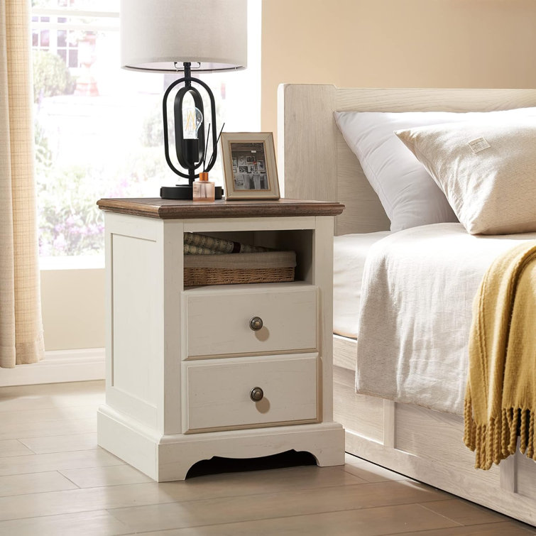 Farideh Rustic Nightstand with Charging Station, Side Bed Table with 2 Drawers & Open Shelf