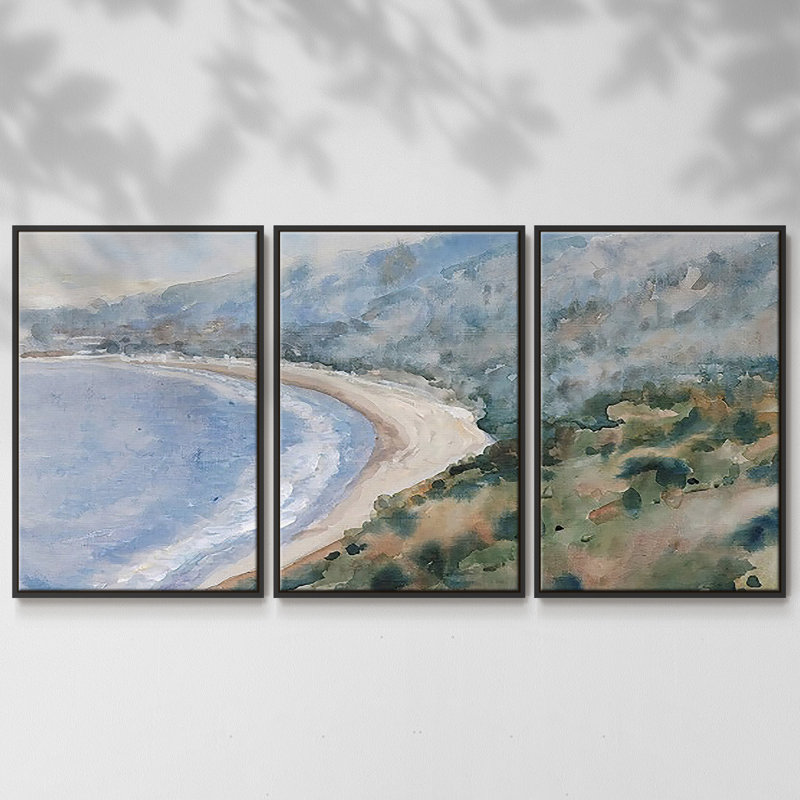 Coastal Mist I - Toile encadrée multi-pièces, H 36 po x l 75 po, Cadre noir