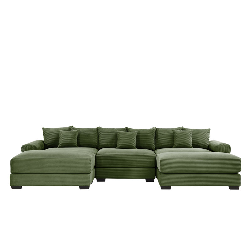 Canapé modulaire en velours côtelé avec repose-pieds et coussins Cohette, Velours côtelé vert