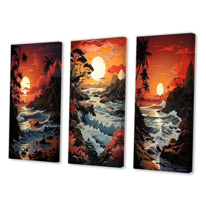 «Beach Crimson Sunset Papercut», 3 pièces sur toile, Toile tendue, H 28 po x l 36 po