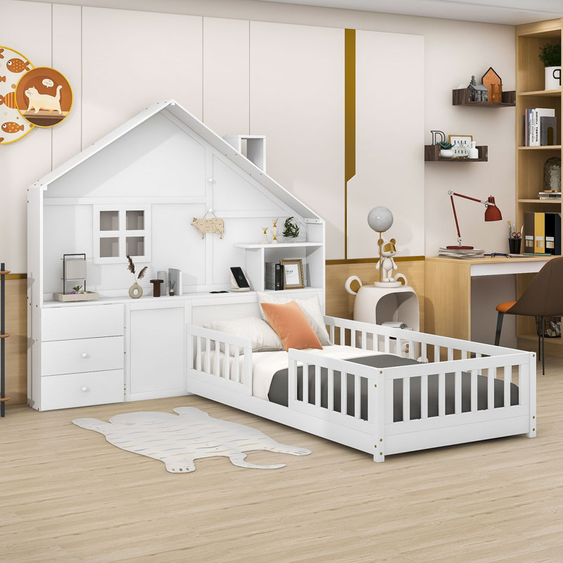 Maynerd Twin 2 Drawers Wood Platform Bed with Shelves, White