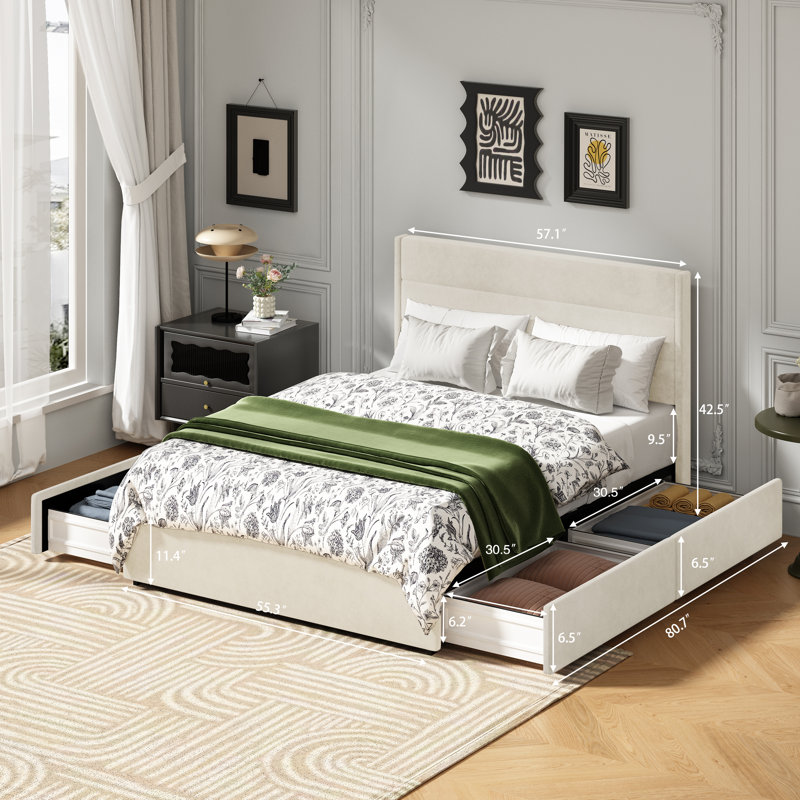 Brezzy Upholstered Storage Bed with Wingback, Cream Velvet, Full