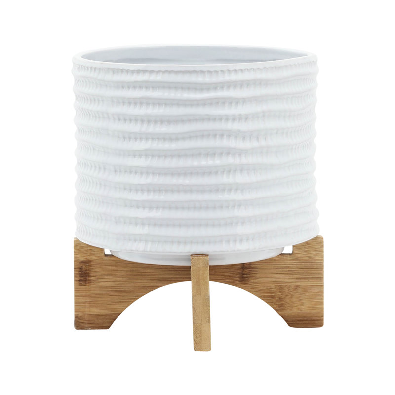 Jardinière moderne en céramique texturée de 8 po avec support en blanc pour toute occasion, plantation idéale près de la piscine