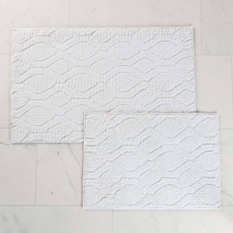 Ceton Elegant Diamond Trellis Textured Machine Washable 2 Piece Bathroom Rug Set, LARGE- 2 Piece Set, White