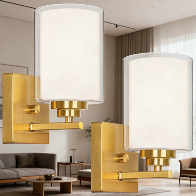 Ensemble de 2 appliques murales modernes avec double abat-jour en verre transparent, luminaires de meuble-lavabo doré pour salle de bain, chambre à coucher, salon et miroir d'entrée