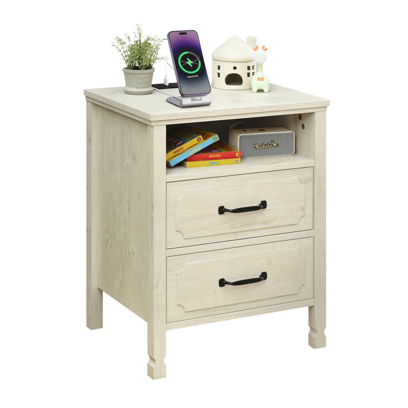Verna 2 Drawer Nightstand with Charging Station, Bedside Table with Storage Drawers, Night Stand for Bedroom, End Table or Side Table for Living Room, 15.5" D x 18.9" W x 24" H