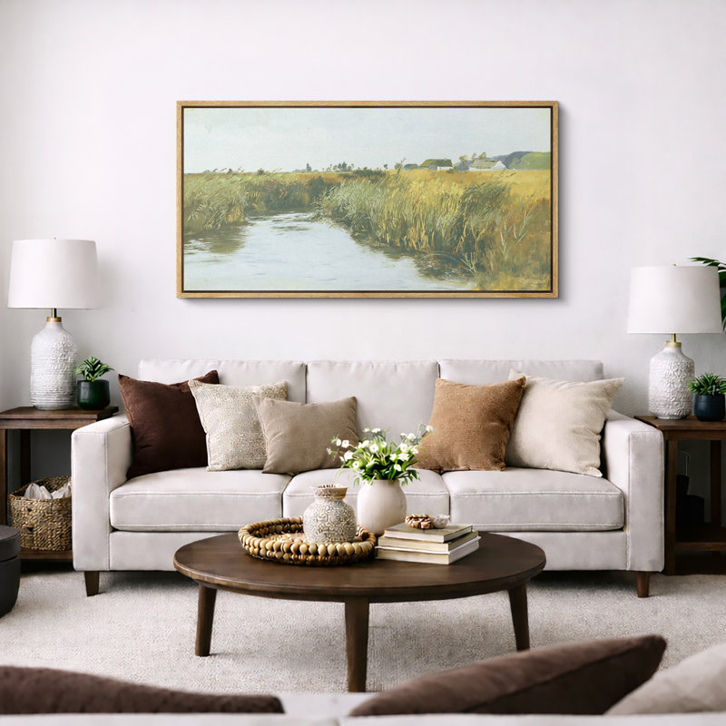Peaceful Countryside River with Golden Fields, H 30 po x l 60 po, Naturel