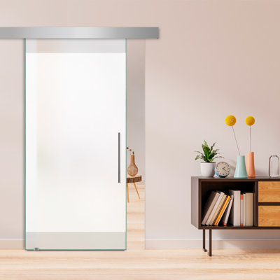 Porte de grange coulissante en verre sans cadre avec design moderne givré + ensemble de quincaillerie (double-privé)