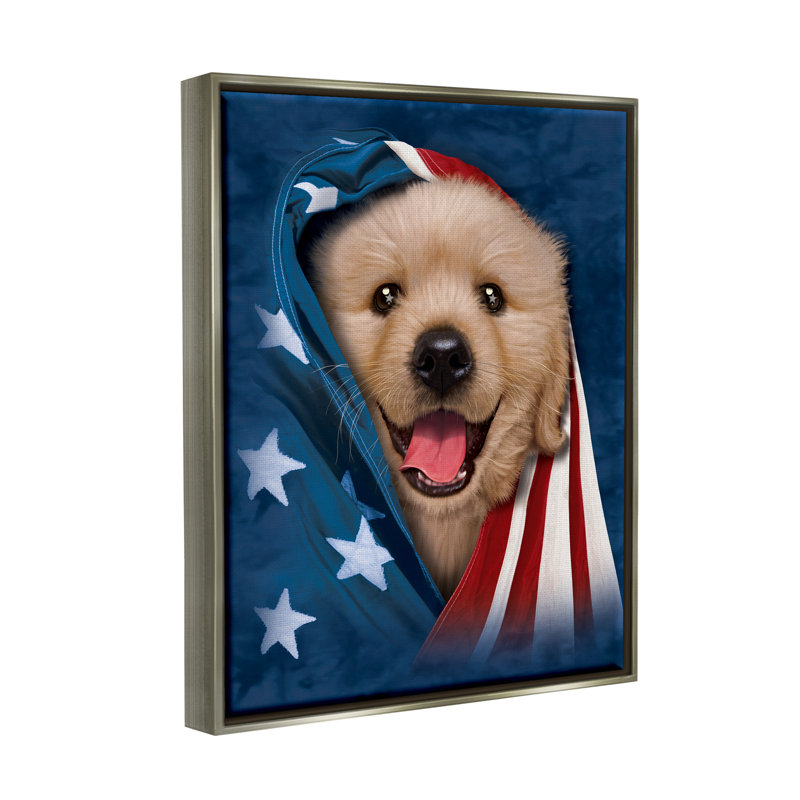 «Puppy & American Flag», reproduction encadrée sur toile par Vincent Hie, H 20 po x l 16 po x P 1,7 po
