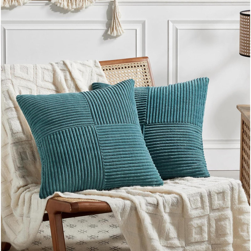 Ensemble de 2 housses de coussins décoratifs bleu sarcelle pour le canapé-lit du salon, décoration de maison de campagne rustique Boho, housse de coussin carré texturé en velours côtelé