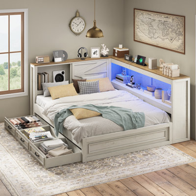 Daybed With Bookcase Headboard, Rgb Led Lights And Drawers Storage,t W