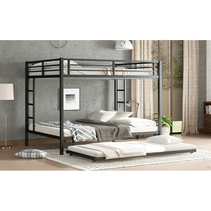 Queen Over Queen Metal Bunk Bed With Twin Size Trundle, Queen Over Queen