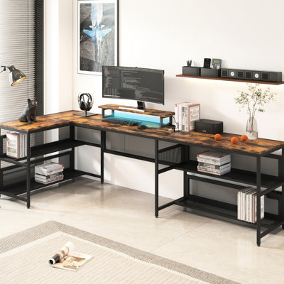 Vintage U Shaped Desk With Led Strip, Power Outlets & Monitor Stand, Home Office Solution, Ample Desktop Space, Build Decoration, Spacious Workspace, Strong Construction