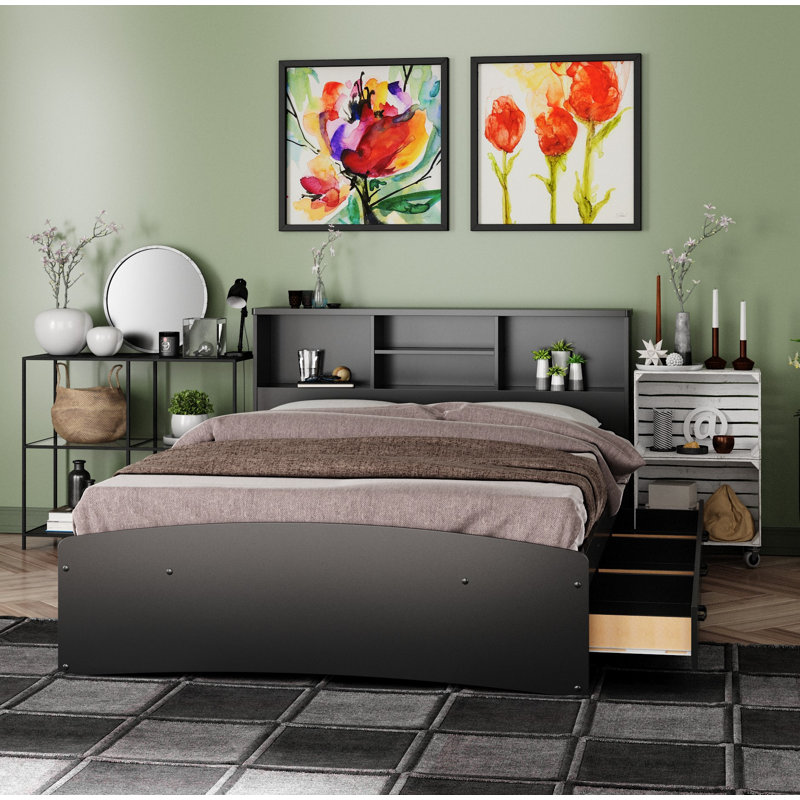Monira Bed Frame With Storage & Headboard New Design, Black, Full