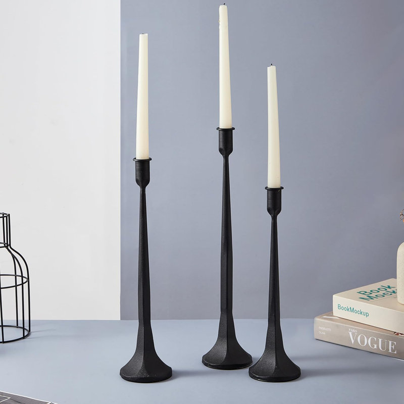 Industrial Taper Candle Holder Set Of 3 - Cast Iron Candlestick Holders In Varying Heights For Wedding, Dining Table, And Home Decoration