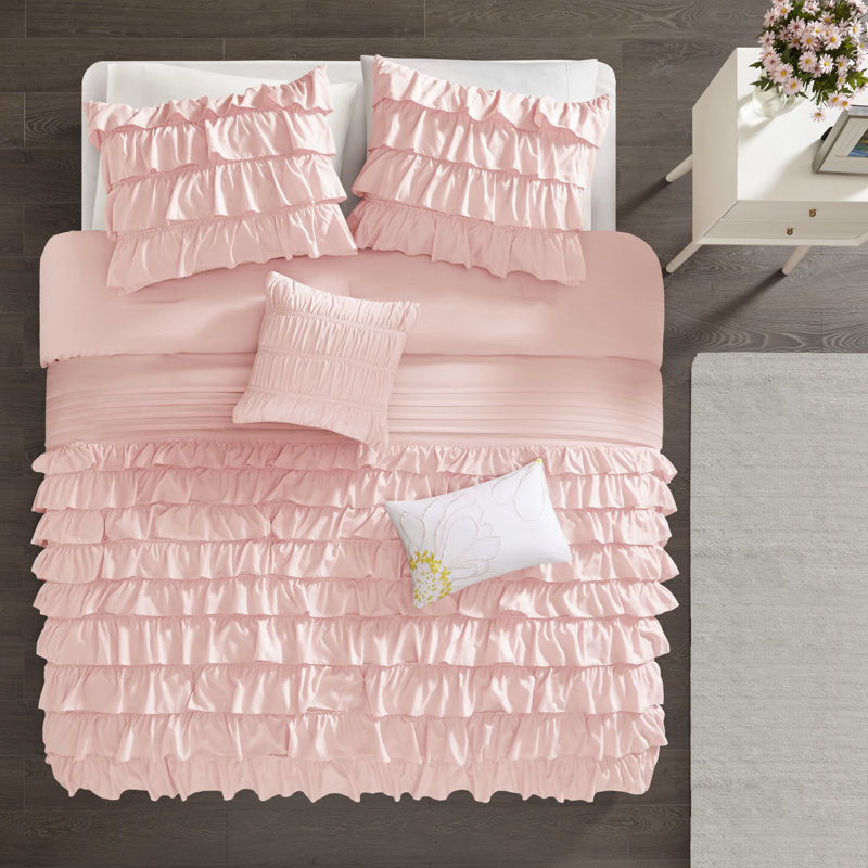 Waterfall Ruffle Comforter Set, Full/Queen Comforter + 2 Shams + 2 Throw Pillows, Blush