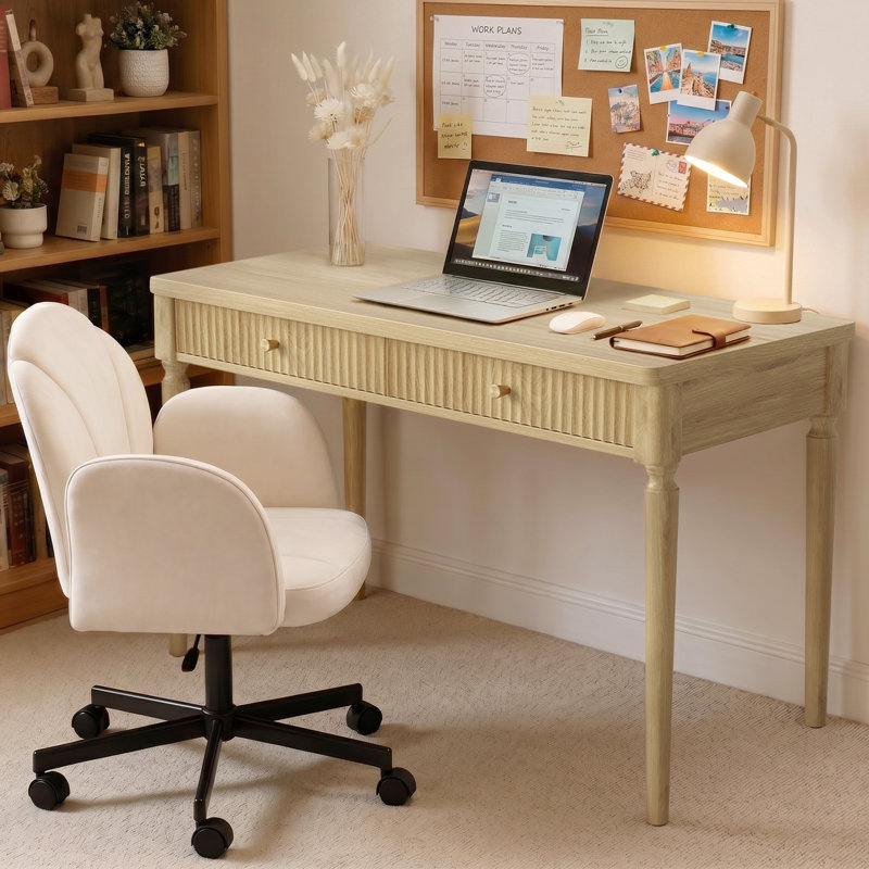 47''W Solid Wood Base Writing Desk with  2- Large Storage Drawer, Arc-shaped Table Corner Design For Home And Office