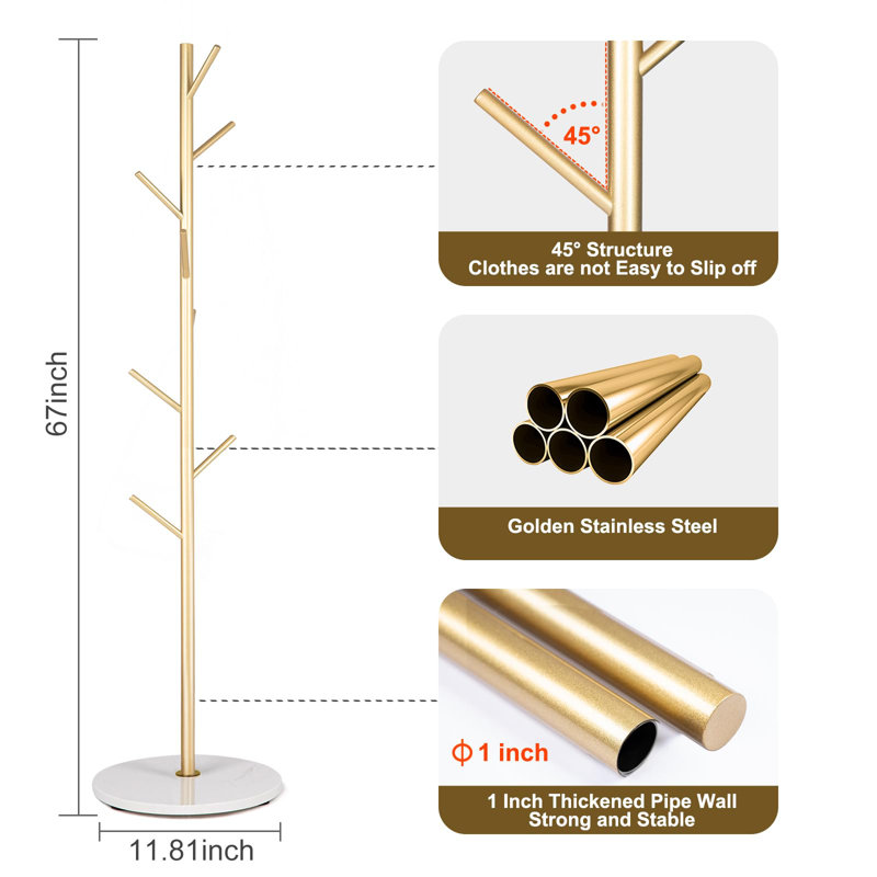 Golden Metal Coat Rack with Marble Base and 8 Hooks