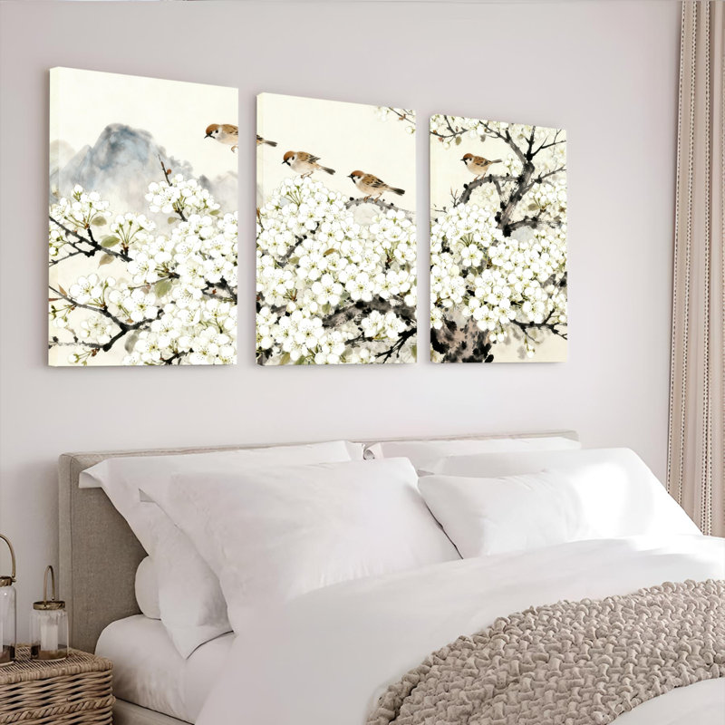 Tableau aquarelle sur toile tendue, motif de fleurs de cerisier et d'oiseaux, style traditionnel de l'Asie de l'Est (lot de 3)