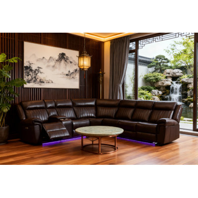 Power Reclining Corner Sectional Sofa With Led Lights Brown Leather