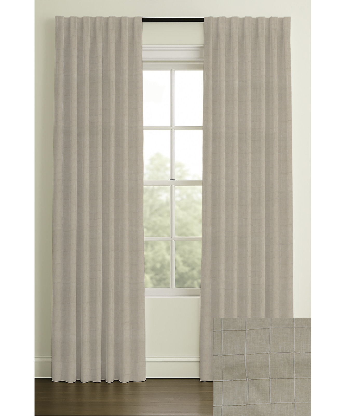 Ellora Embroidered Cotton Curtain in Natural, Inverted Pleat, 33" W x 108" L, Blackout