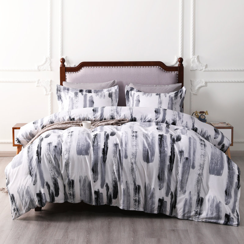 3 Pieces Duvet Cover Set, 100% Brushed Microfiber Ink Pattern Comforter Cover Set with Ties - NTBAY, Queen + 2 Shams