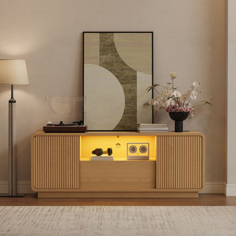 Meuble télé incurvé 63 po pour téléviseur de 70 po ou moins, avec meuble télé avec portes coulissantes et rangement multimédia à DEL