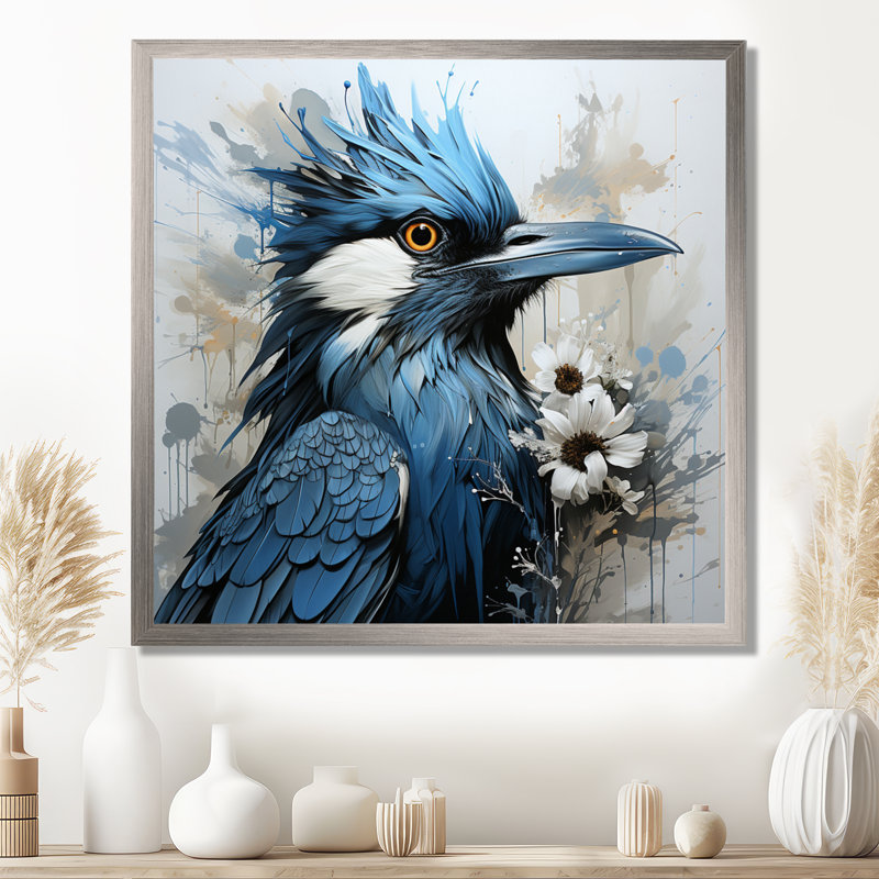«Blue and Black Blue Jay Bird», art mural encadré, Cadre simple argenté, H 36 po x l 36 po x P 1,5 po