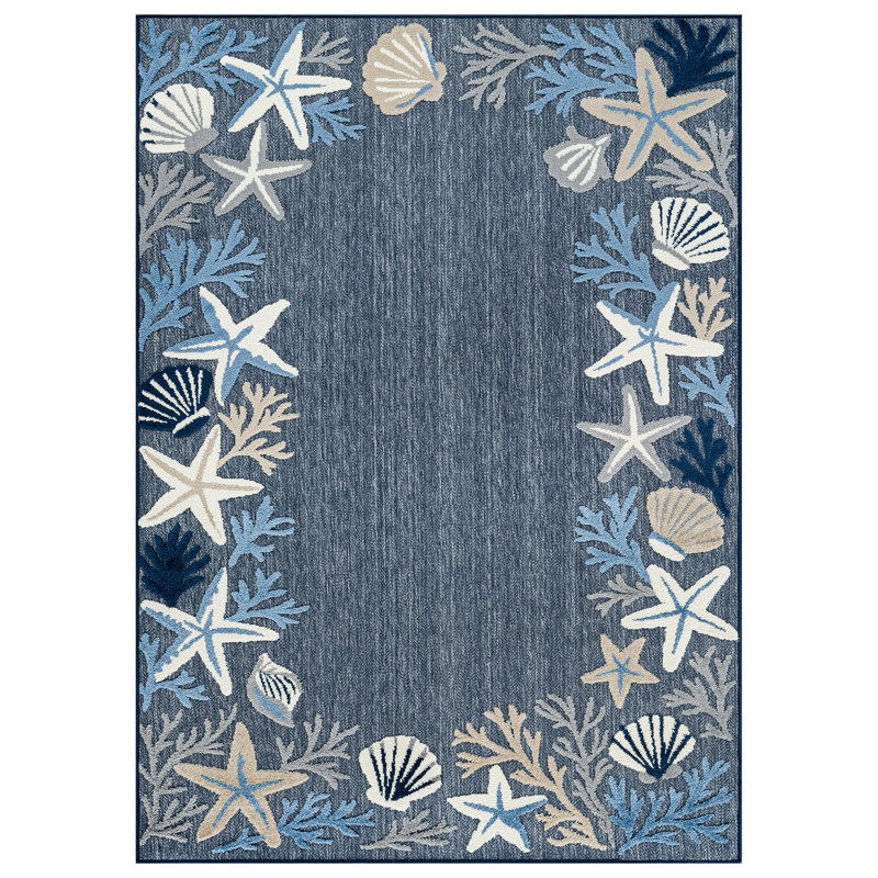 Tapis intérieur / extérieur bleu marine / ivoire Coastal Border, Marine, Rectangle 6 pi 7 po x 9 pi