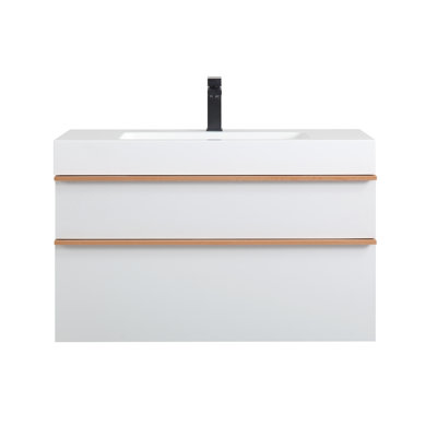 Meuble-lavabo flottant mural blanc moderne de 36 pouces avec lavabo en acrylique intégré, pré-assemblé, 2 tiroirs à fermeture en douceur, poignées en bois bicolore, glissières de tiroir silencieuses, rangement bien rangé