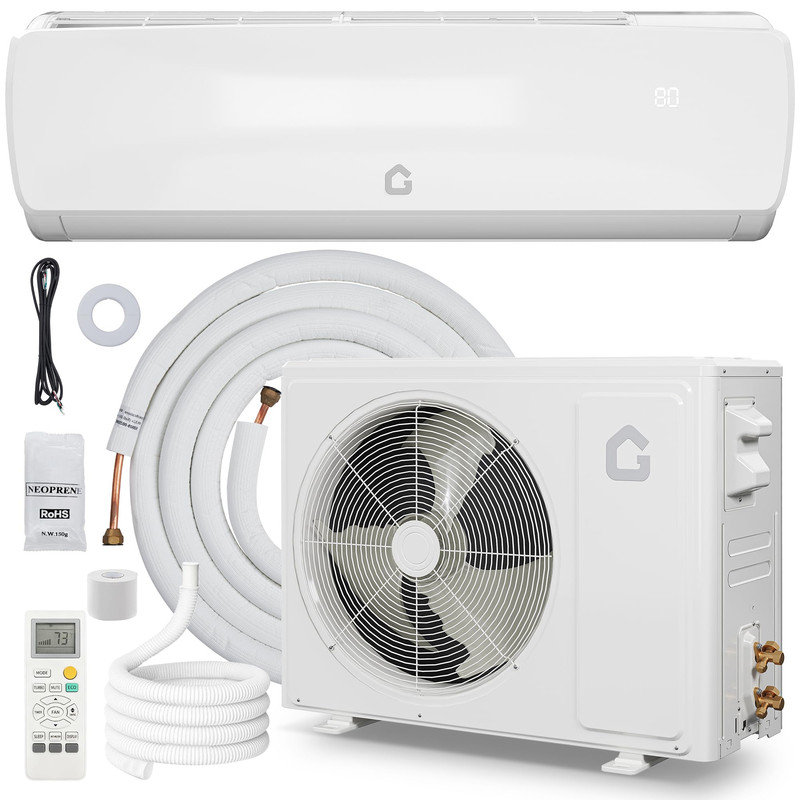 Chaufferette climatisée à deux blocs 12 000 BTU - 19 SEER2, 230 V, refroidit et chauffe 750 pieds carrés, condensateur préchargé, télécommande et ensemble d'installation inclus