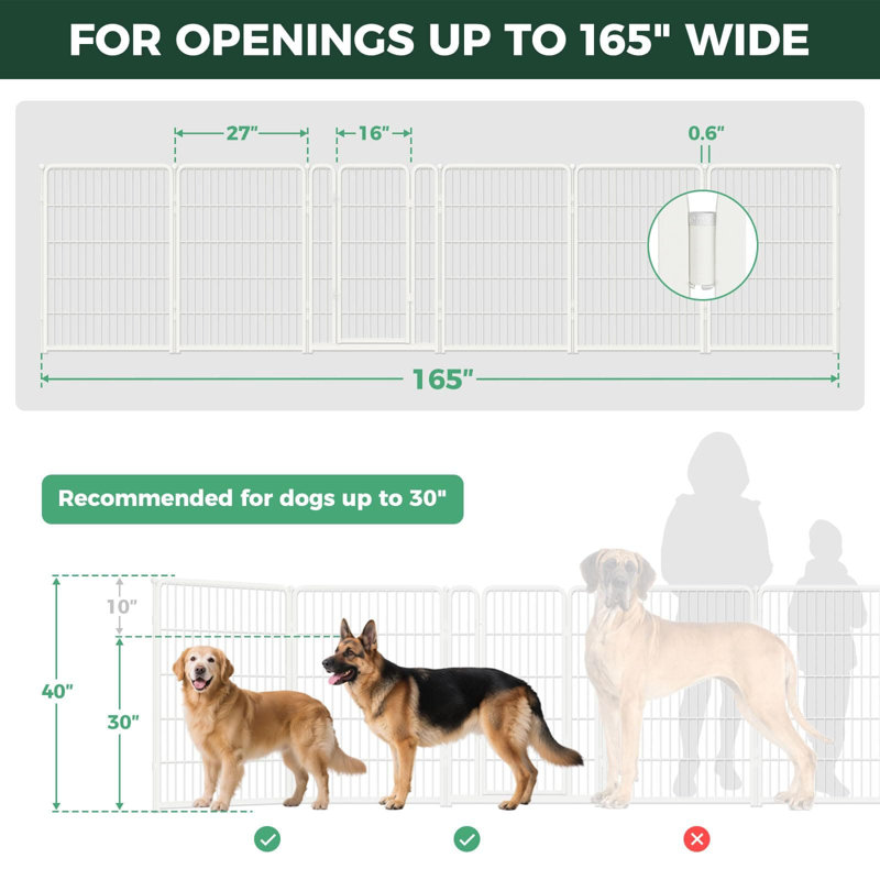 Barrière pour chien très large FXW conçue pour une utilisation à l'intérieur, largeur réglable jusqu'à 165 pouces de large (40 panneaux de H 6 po pour chiens de taille moyenne et grande), blanc