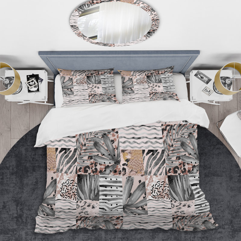 Silver Flower Patchwork Abstract Duvet Cover, King Duvet Cover + 2 King Shams