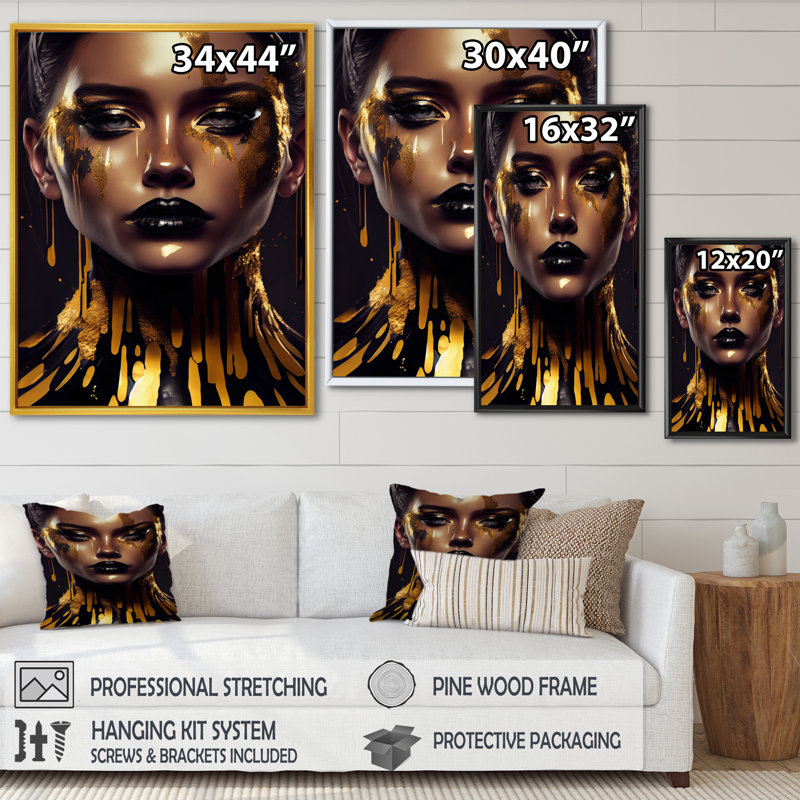 Sensual, liquide, or, femme II - Impression sur toile, H 32 po x l 24 po x P 1 po, Toile avec cadre flottant noir