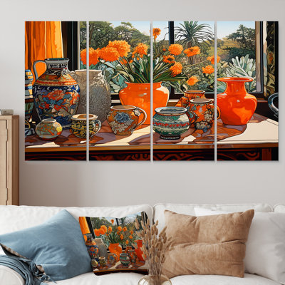 «Orange Flowers», art floral mural orange avec fenêtre 4 pièces