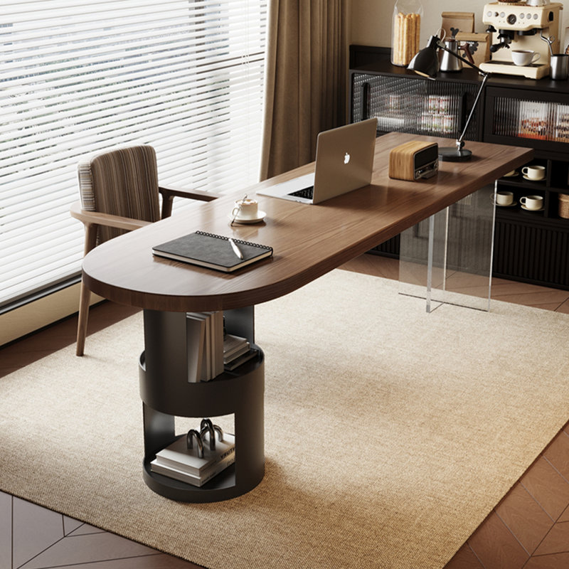 Bureau noisette + demi-cercle en bois massif noir + fer, H 29,53 po x l 62,99 po x P 23,62 po