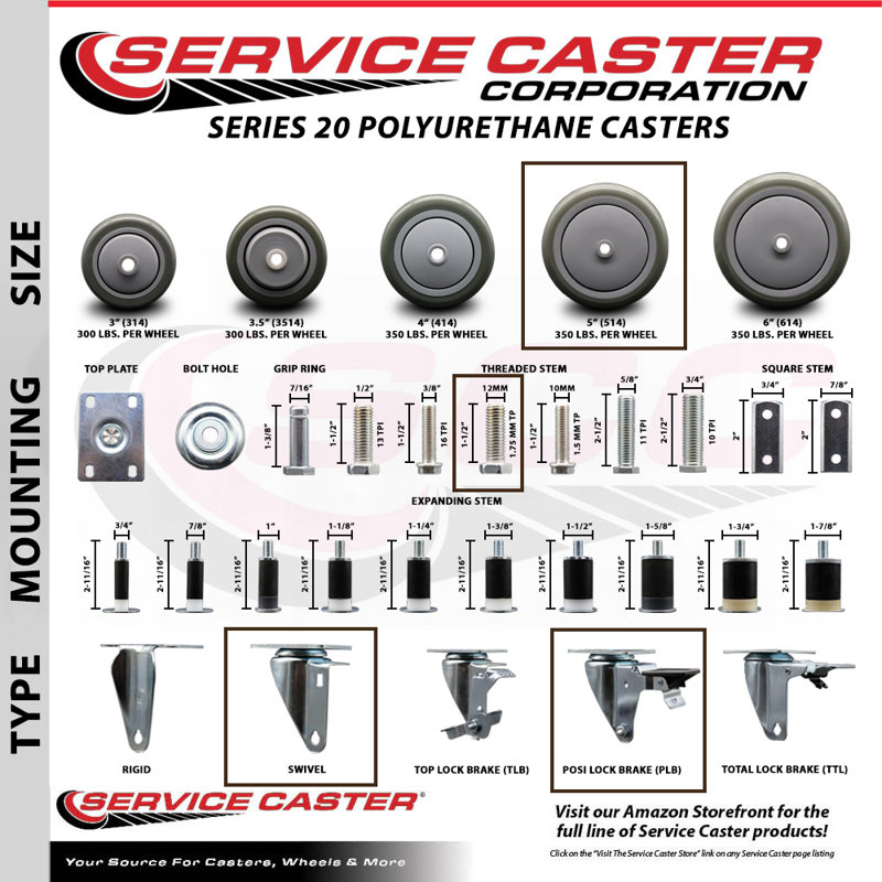 Polyurethane 12MM Threaded Stem Caster with Brake
