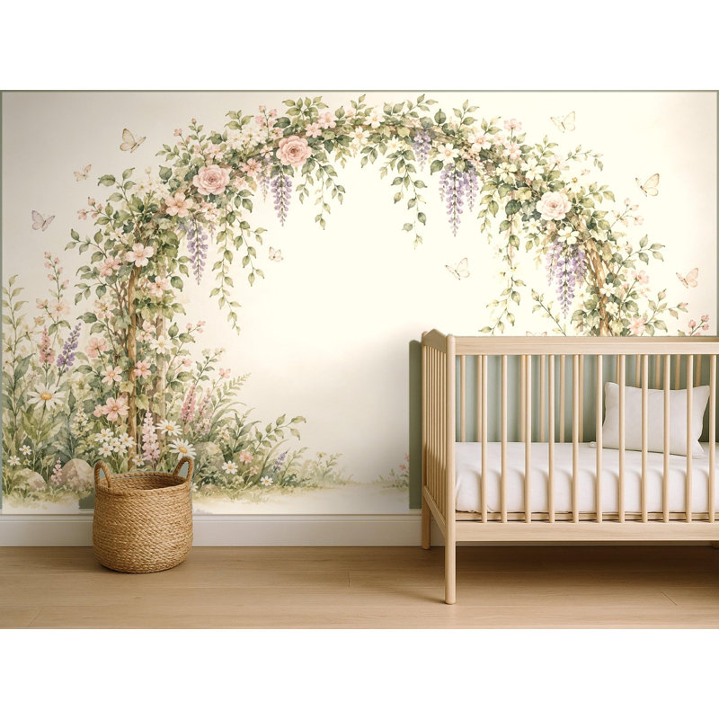 Botanical Arch Butterflies Sage Wallpaper Mural, Peel and Stick Kids Room Wall Mural, Watercolor Nursery Wallpaper Made to Measure