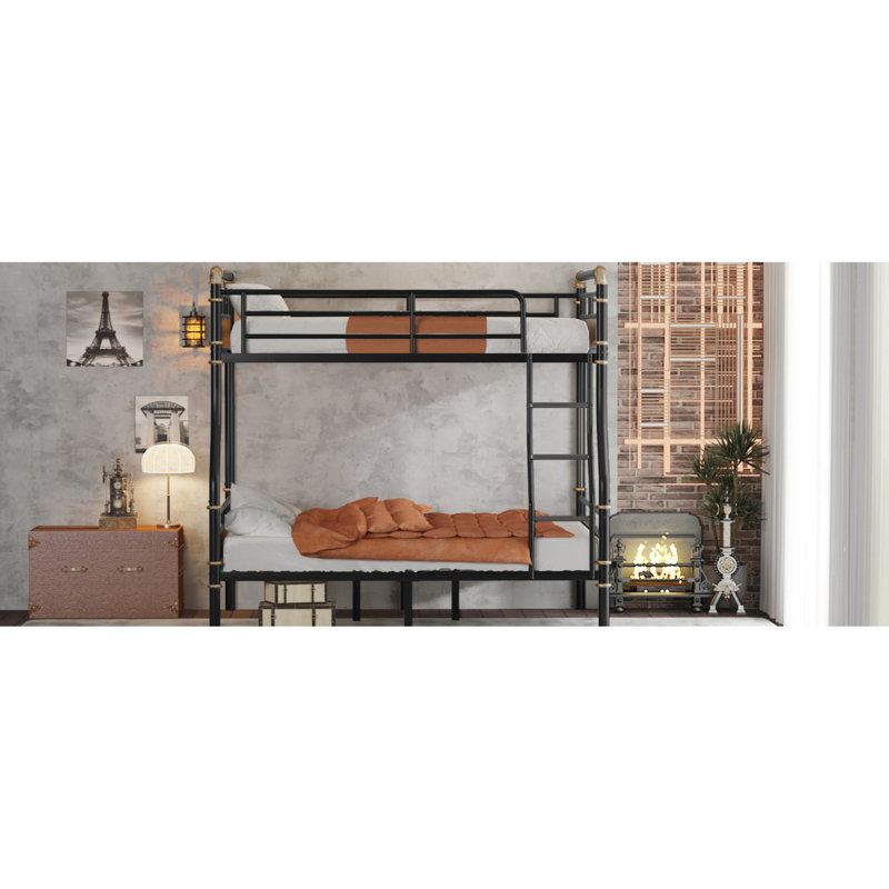 Lit superposé noir en métal double au-dessus de grand lit, ajout élégant pour la chambre à coucher, décor de peinture de lit doré