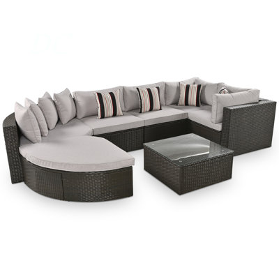 7-Piece Outdoor Wicker Sofa Set, Rattan Sofa Lounger, With  Colorful Pillows, Conversation Sofa, For Patio, Garden, Deck, Brown Wicker