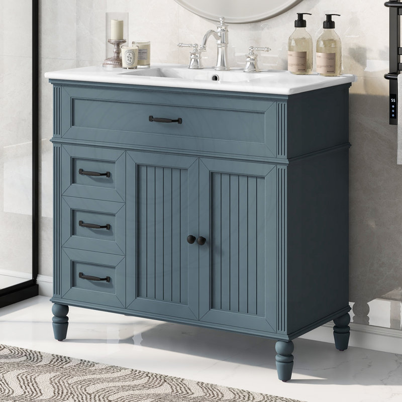Meuble-lavabo 36 po avec lavabo, structure solide et portes à fermeture en douceur, Bleu gris